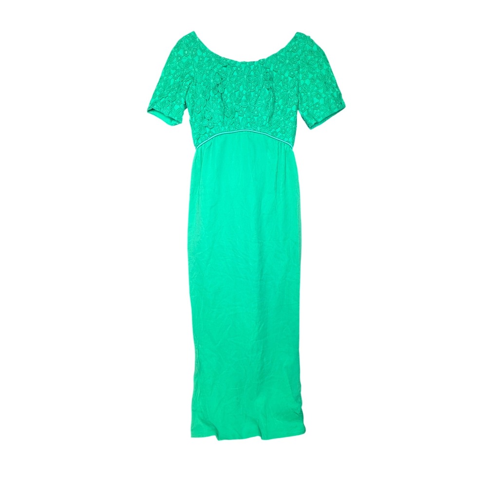 Vintage 60s Emerald Green Lace Bodice Maxi Dress with Back Bow and Drape Detail